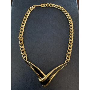 Vintage Signed Monet Gold Tone Black Enamel V Shaped Choker Necklace